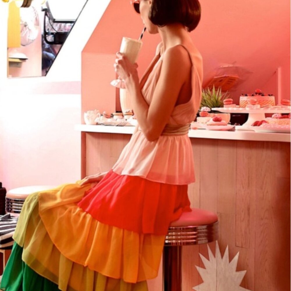 Alice & Olivia Luba Tiered Rainbow Maxi Gown, Sz 0, NWT